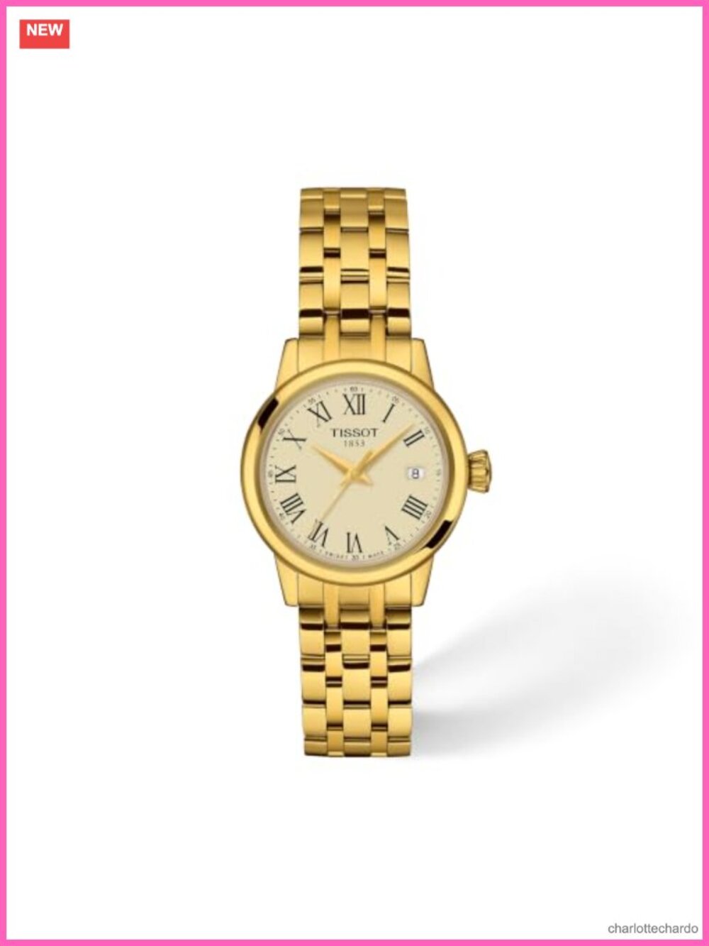 Swiss Quartz Dress Watch 28mm Stainless Steel Gold PVD Roman Numerals